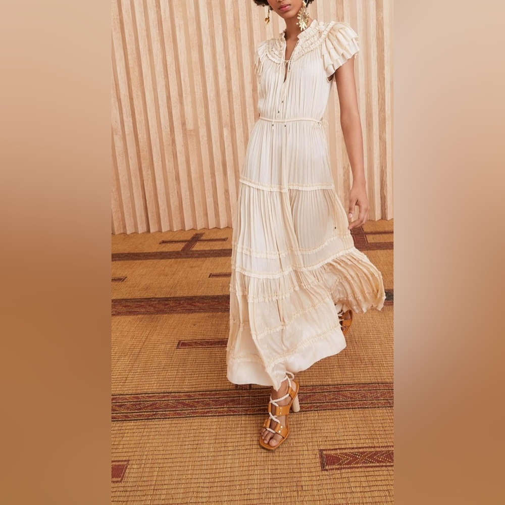 Ulla Johnson Isadora Plisse Midi Dress Dawn Cream Size 2 NWT Flutter Sleeve